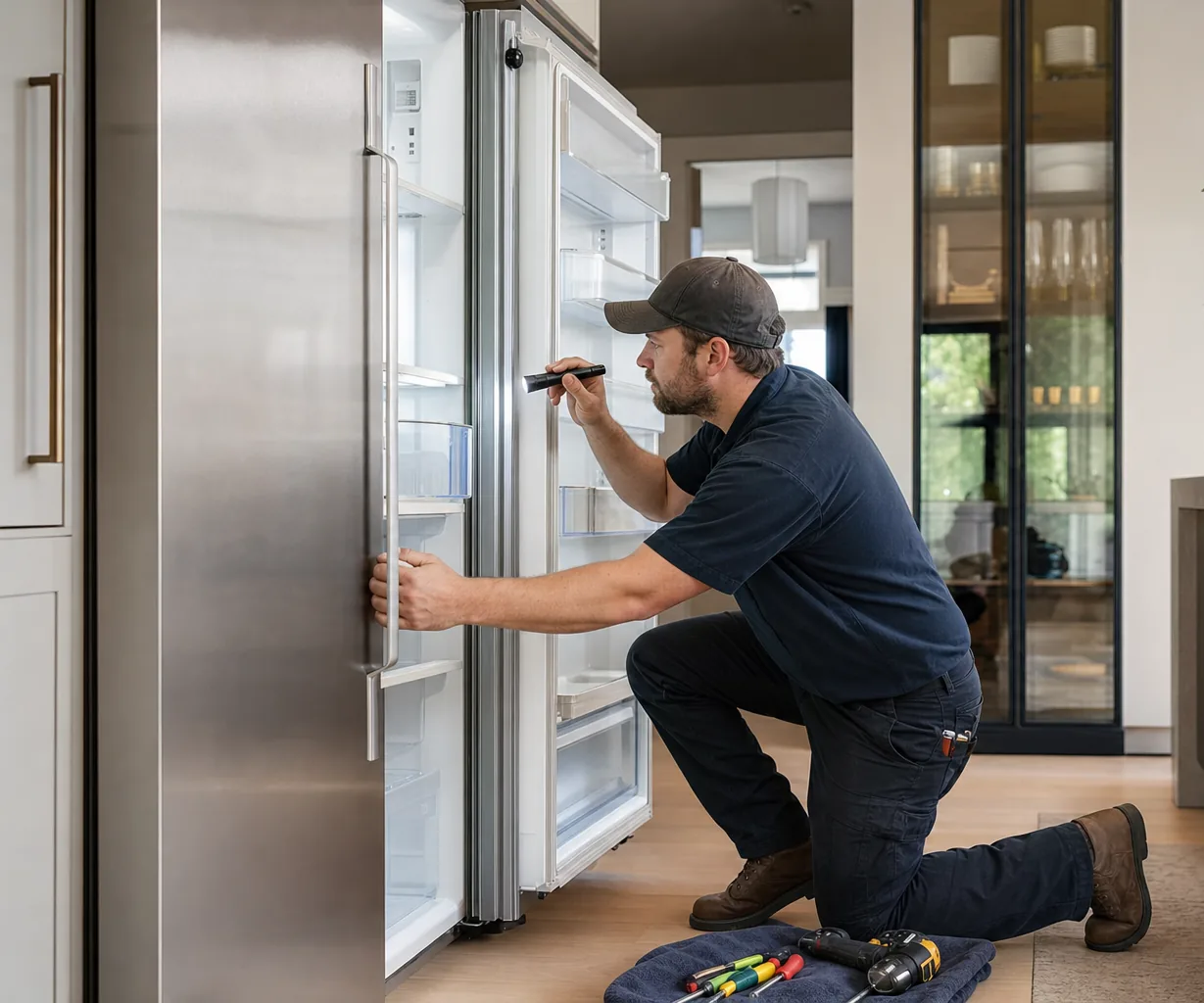 Technician repairing a built-in refrigerator up close