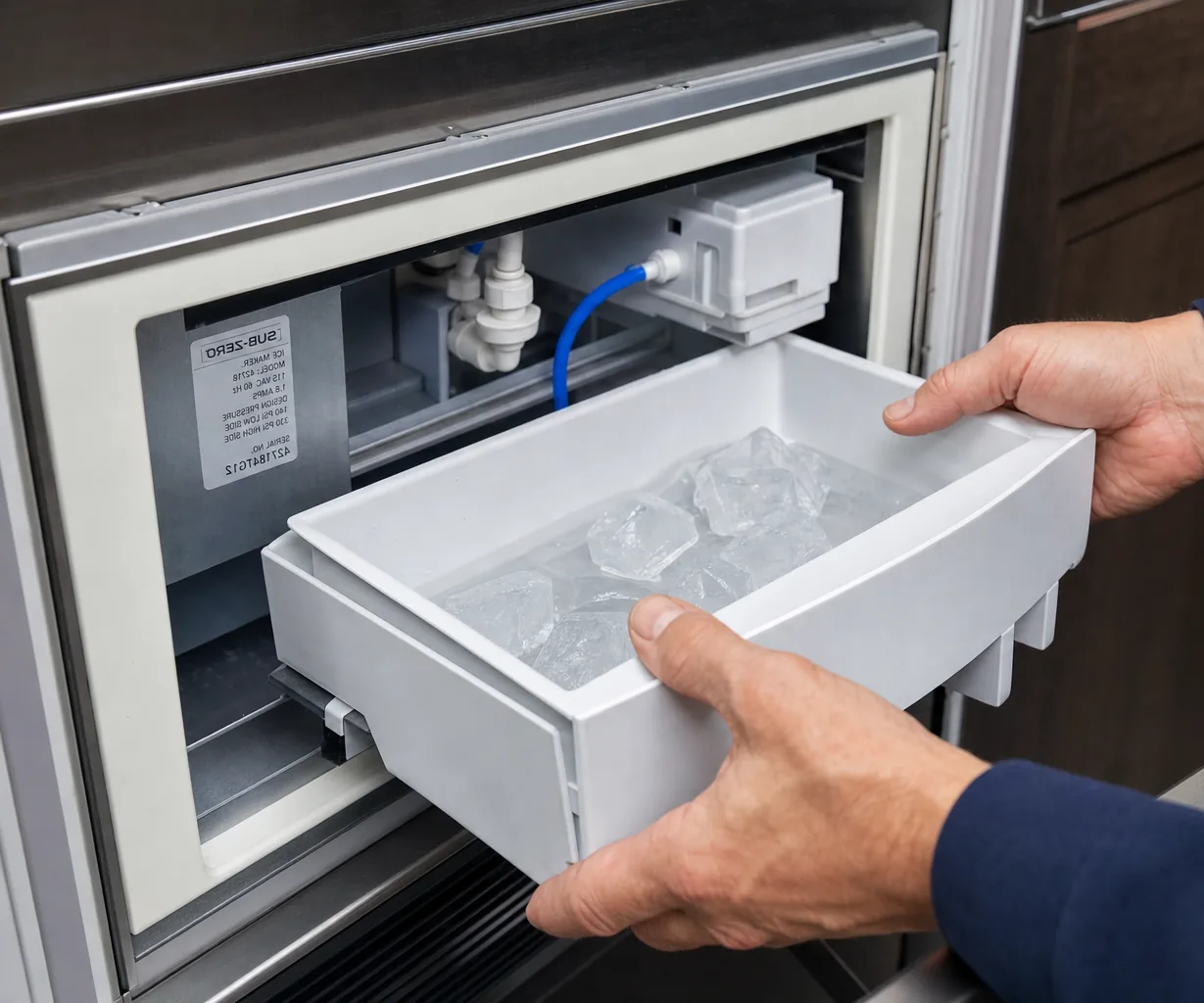 Technician servicing a built-in ice maker in a Chappaqua kitchen