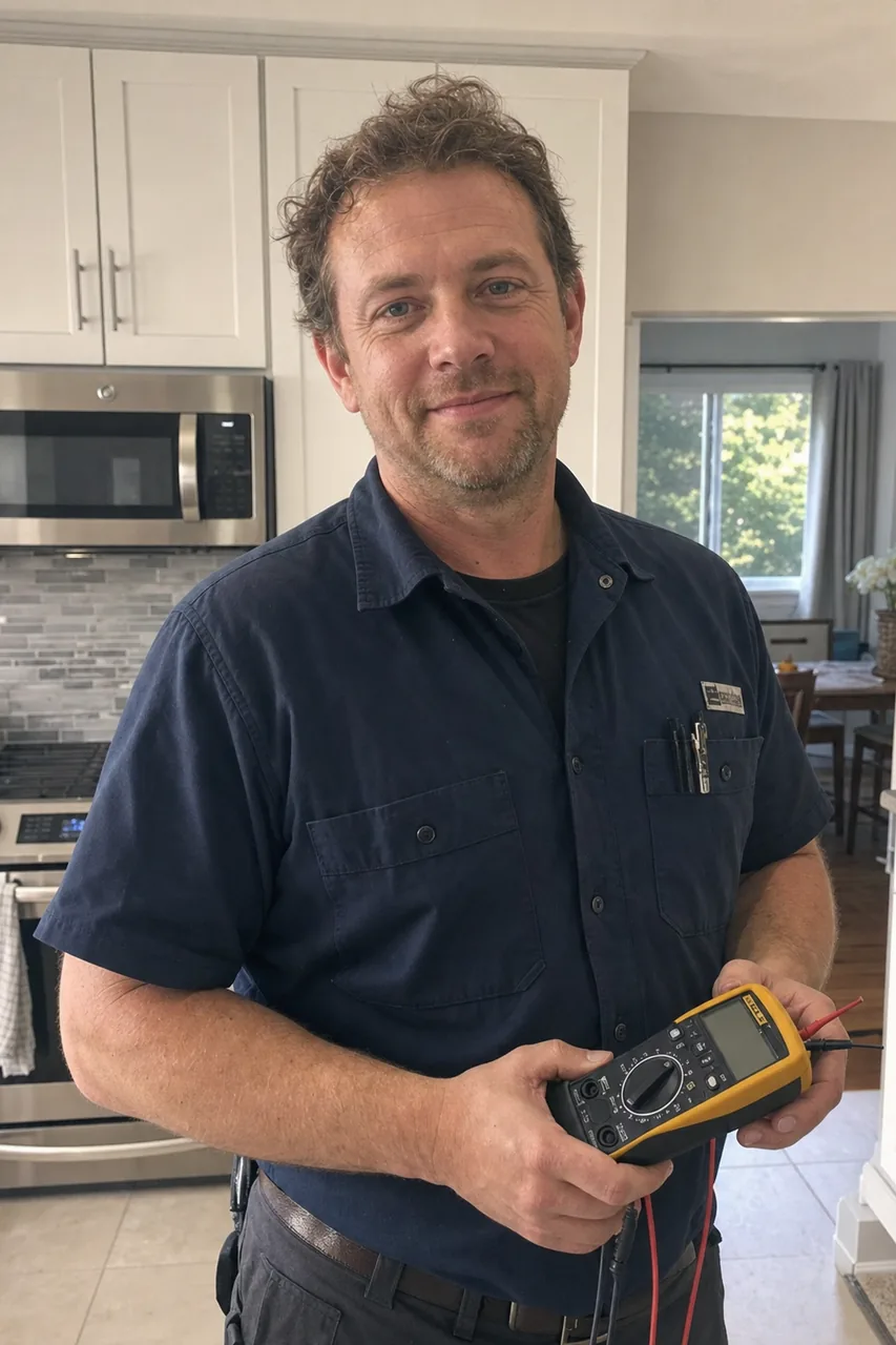 An appliance repair technician holding a multimeter